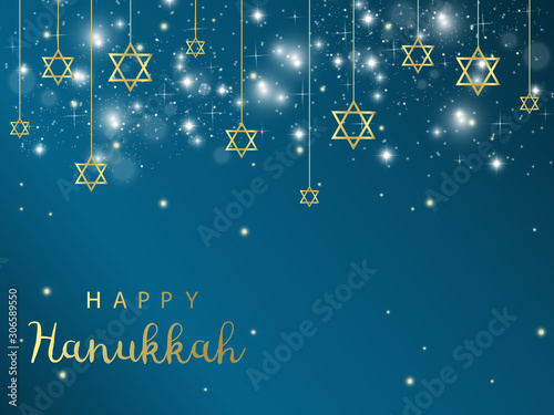 Hanukkah. Traditional Hanukkah holiday symbols. Star of David. Candles Minors. Blue background