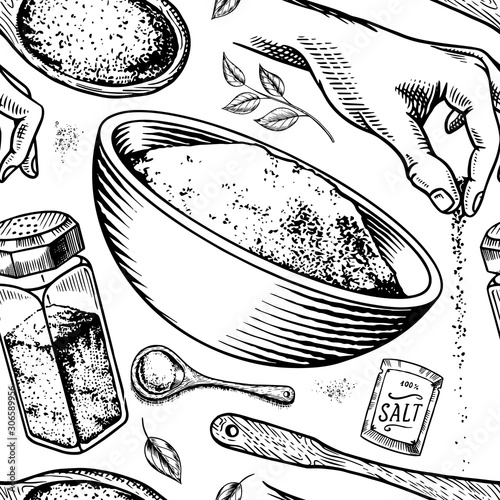 Sea salt seamless pattern. Glass bottles, packaging and and leaves, wooden spoons, powdered powder, spice in the hand. Vintage background poster. Engraved hand drawn sketch. 