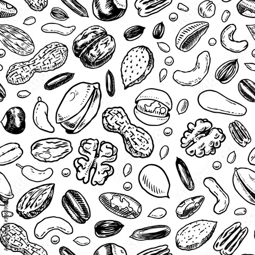Nuts seamless pattern. Seeds and granule, corn and grain. Hazelnut, Walnut, Almonds. Food concept. Top view background. Vintage poster. Engraved hand drawn sketch in Monochrome style.