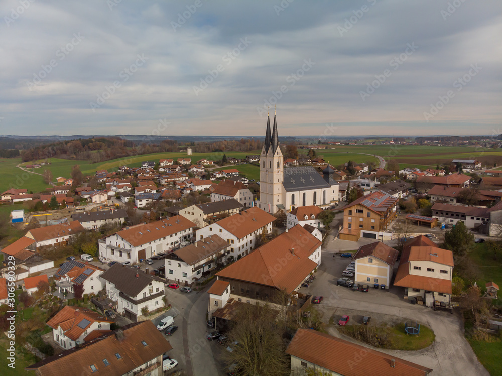 Aerial view of Bavarian town with old pilgrimage Basilica 