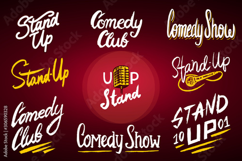  Lettering Stand Up. Calligraphic text comedy show. Engraved hand drawn in old vintage sketch for poster, web badges, labels, emblem or logo. Isolated on red background. Vector illustration. 