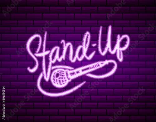  Lettering Stand Up on a brick wall. Calligraphic neon text comedy show. Engraved hand drawn in old vintage sketch for poster, web badge, label, emblem or logo. Concept on stage. Vector illustration. 