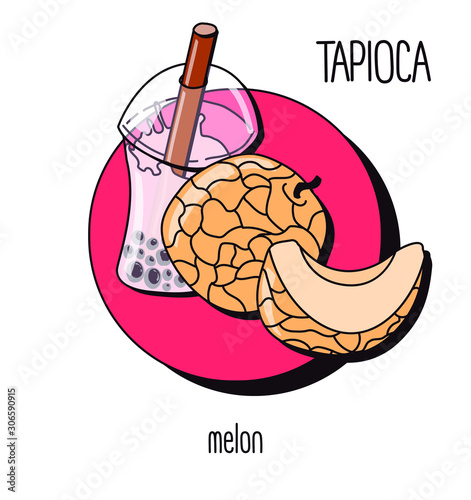Vector illustration. milk bubble tea with tapioca on a light background. melon