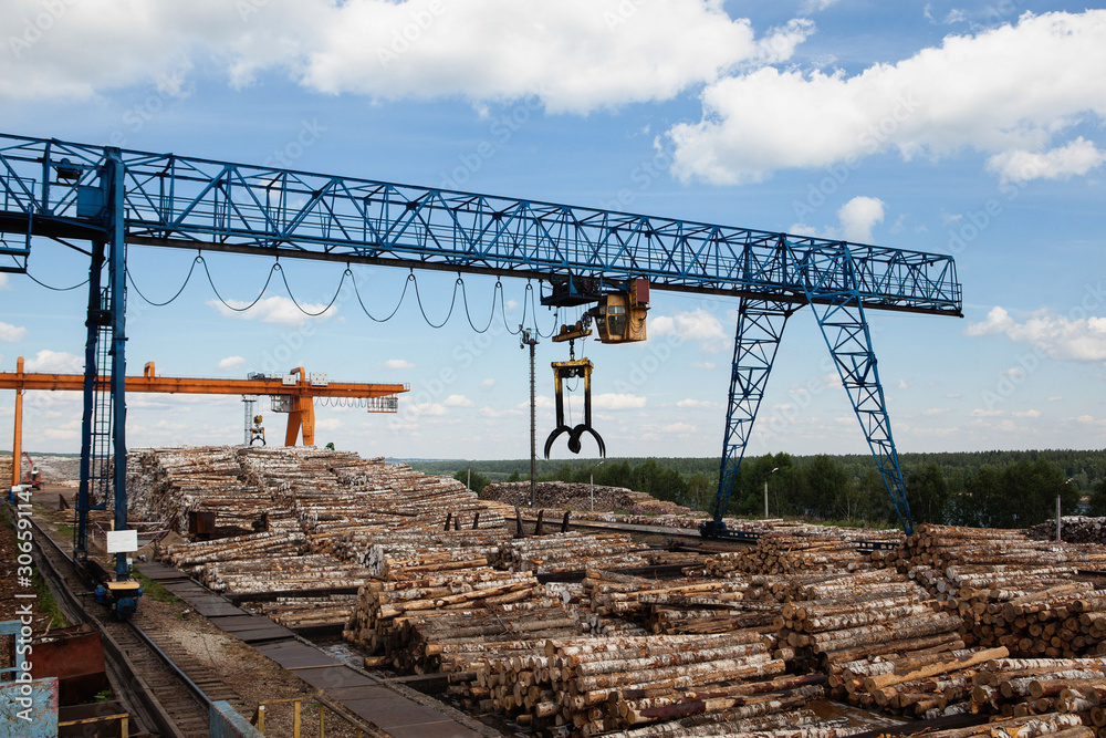 The work of a gantry crane in the plywood factory The work of a gantry crane in the plywood factory