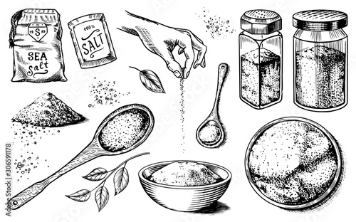 Sea salt set. Glass bottles, packaging and and leaves, wooden spoons, powdered powder, spice in the hand. Vintage background poster. Engraved hand drawn sketch. 