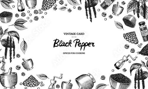 Black pepper background in Vintage style. Mortar and pestle, Allspice or peppercorn, Mill and dried seeds, a bunch of spices. Herbal seasoning set. Engraved hand drawn vector sketch for poster.
