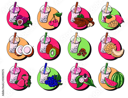 Vector illustration. milk bubble tea with tapioca on a light background. passion fruit, coconut, strawberry, cherry, kiwi, acai, almonds, melon, lychee, coffee, watermelon, mango