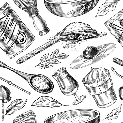 Matcha green tea seamless pattern. Vintage background poster. Organic powder, bamboo whisk, bowl and spoon chashaku for Japanese ceremony. Healthy coconut milk latte. Engraved hand drawn sketch. 