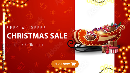 Special offer, Christmas sale, up to 50% off, red discount banner with vertical white line, orange button, Christmas pattern and Santa Sleigh with presents