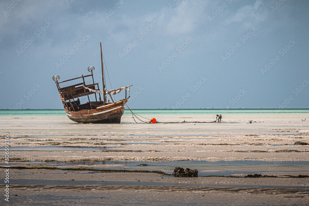 Fototapeta premium Ship stuck on beach at low tide