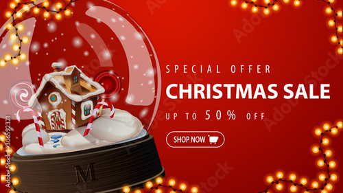 Special offer, Christmas sale, up to 50% off, red discount banner with large snow globe with Christmas gingerbread house inside