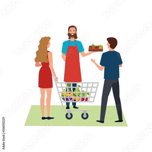 seller man and clients design, shop store market shopping commerce retail buy and paying theme Vector illustration