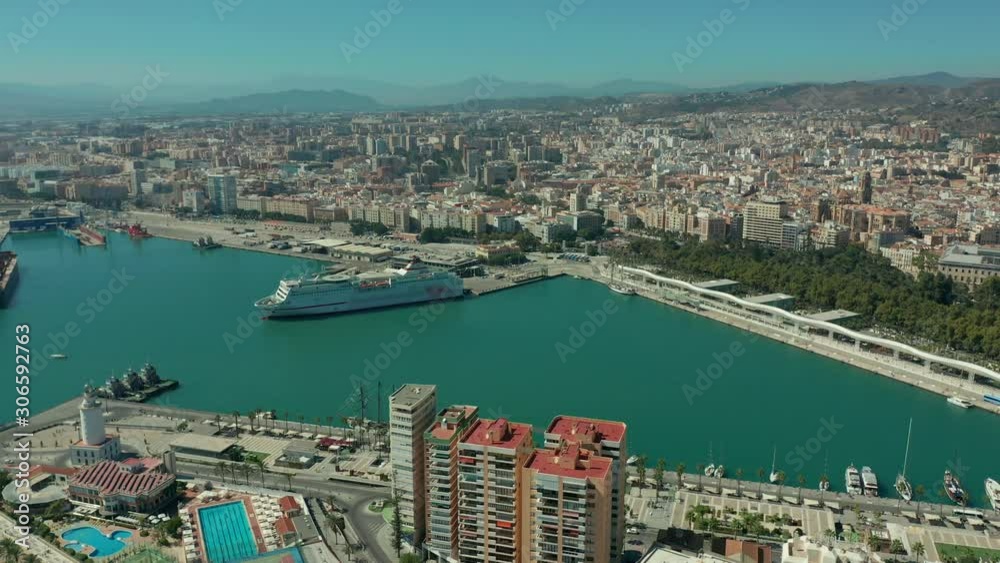 Aerial View. Malaga, Andalusia, Spain. Malaga city with port and bullring.