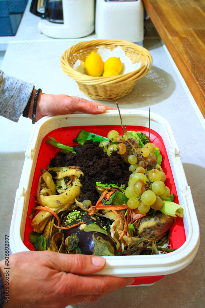 Composting a pile of rotting vegetables and peelings in an ecological