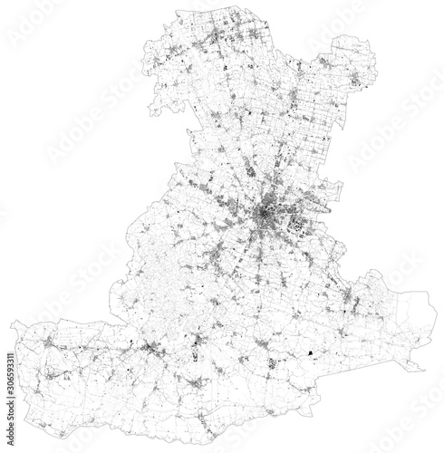 Satellite map of province of Padova (Padua), towns and roads, buildings and connecting roads of surrounding areas. Veneto, Italy. Map roads, ring roads