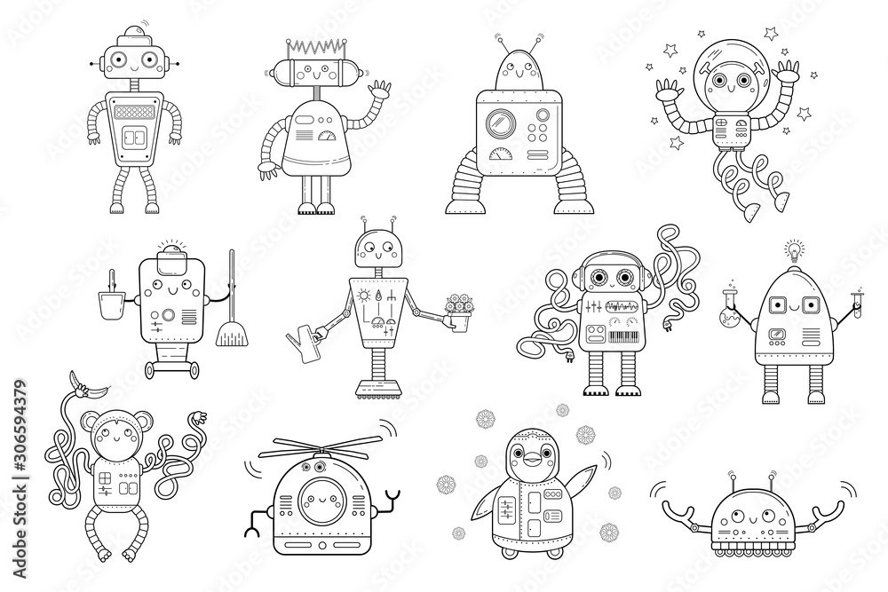 Vetor de Coloring page outline of cartoon robots. Vector set for kids ...