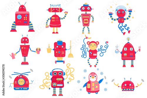 Color image of cute red cartoon robots. Monochrome vector set for kids