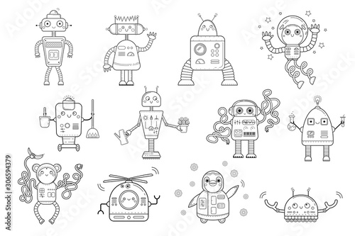 Coloring page outline of cartoon robots. Vector set for kids.