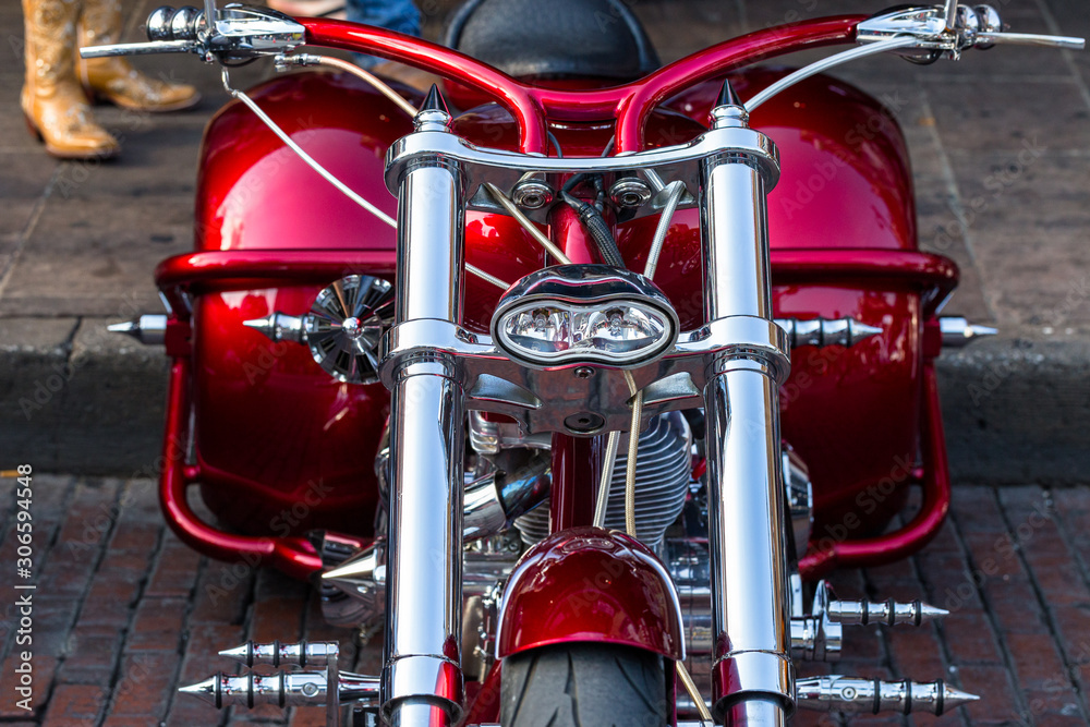 Close-up of red custom motorcycle outdoors