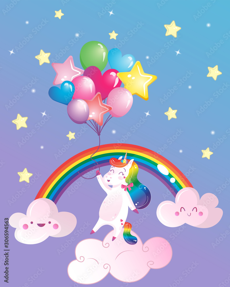 Cute magical rainbow unicorn with balloons, rainbow, clouds and stars. Cartoon vector print for kids