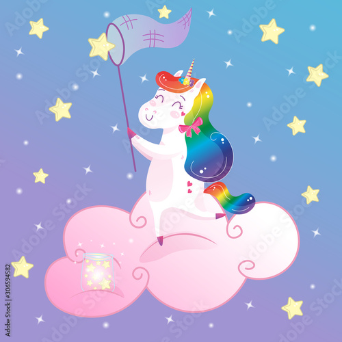Cute magical rainbow unicorn on cloud with net catching stars. Cartoon vector decoration print for kids