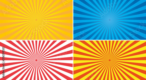 Sun rays vector set. Yellow, red, red and blue abstract background.