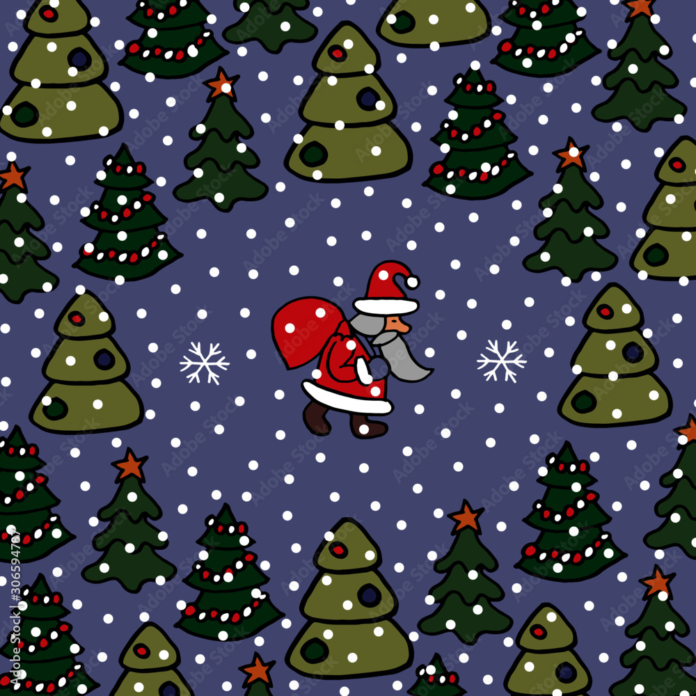 Christmas vector drawing with Santa Claus in the spruce forest. Blue background with snow. For cristmas cards.
