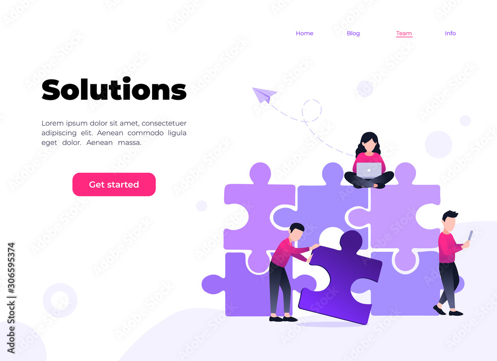 Finding solution, problem solving. Teamwork and partnership. Working team collaboration, enterprise cooperation, colleagues mutual assistance concept. Website homepage header landing web page template