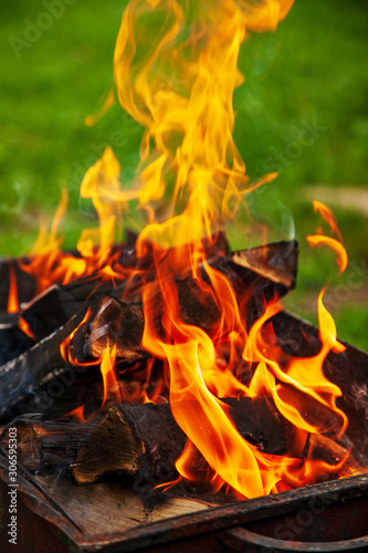 Bonfire. Orange flame of a fire. Burning birch tree in the fireplace. Bonfire on the grill with smoke. Arson or natural disaster. Bonfire close. Fire in nature. Bonfire background.