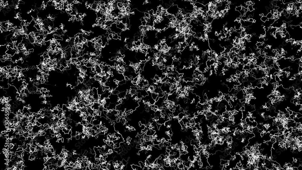 White drawn paths on a black background.Abstract background 3d render. Chaotic particles with random size. White drawn paths on a black background.Abstract background 3d render. Chaotic particles with random size.