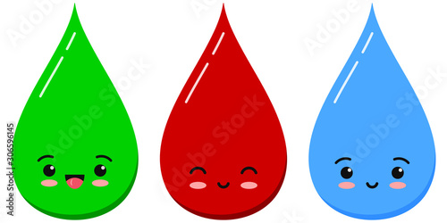 Water, blood and green liquid drop emoticon icon set isolated on white background.