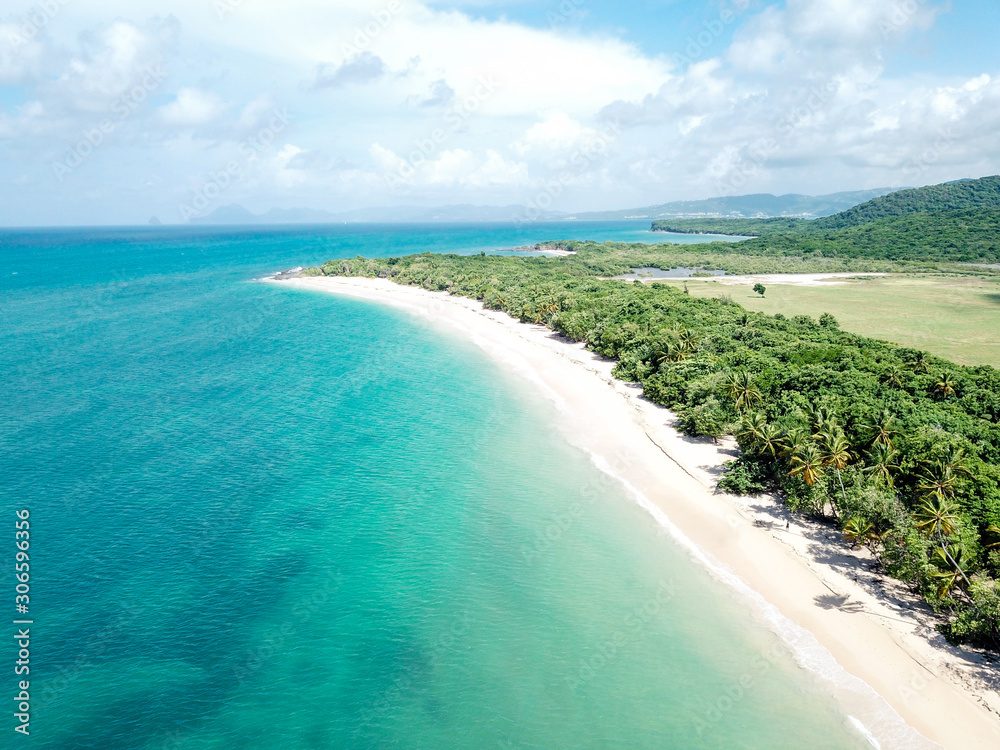 Fototapeta premium Aerial view of turquoise caribbean sea and white sand beach