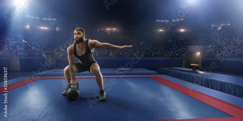 Male athlete prepares to lift a weight on a professional stadium. Stadium and crowd are made in 3d.