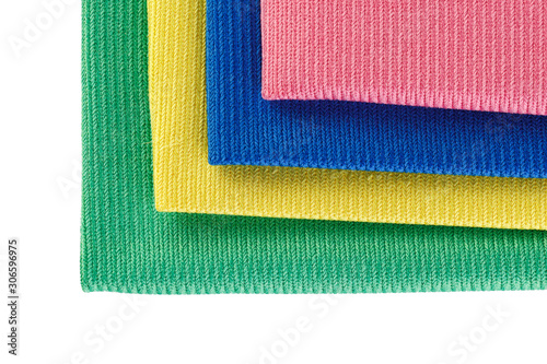 Multicolored Microfiber cleaning cloth Isolated on white background closeup . Top view.