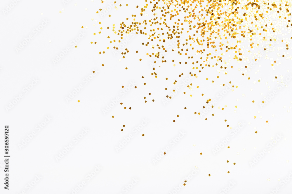 White background with golden glitter. Party background with confetti. - obrazy, fototapety, plakaty 