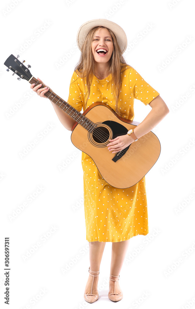 Beautiful young woman with guitar on white background Beautiful young woman with guitar on white background