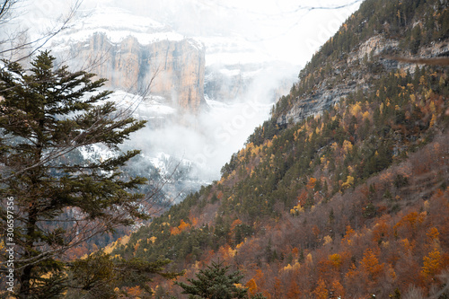 Ordesa National Valley in snowy autumn  located in Pyrenees Spain