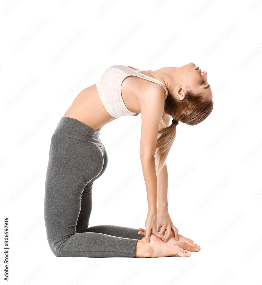 Beautiful young woman practicing yoga on white background Beautiful young woman practicing yoga on white background
