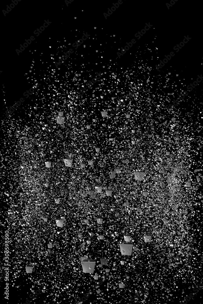 3D rendering of many cubes in space, the cubes scatter after the explosion and are randomly arranged in space 3D rendering of many cubes in space, the cubes scatter after the explosion and are randomly arranged in space
