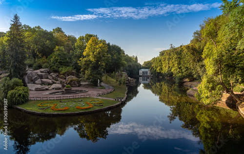Panoramic view of the pond Ionian sea, Flora Pavilion and Assembly square in the park Sofiyivka, Uman, Ukraine