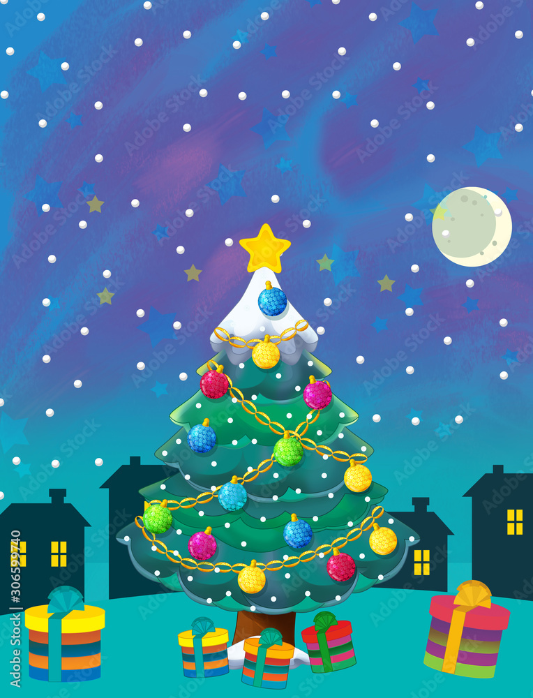 cartoon christmas scene with decorations and tree in the city by the night illustration for children