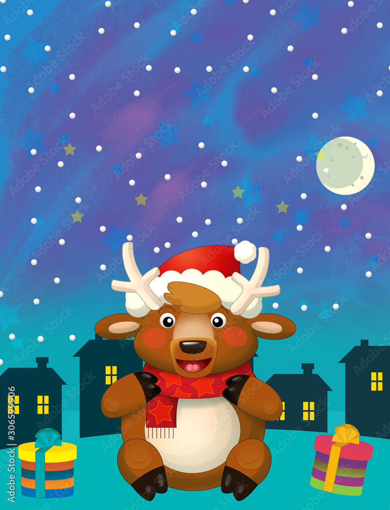 Fototapeta premium Christmas happy scene with santa claus deer or reindeer - illustration for children