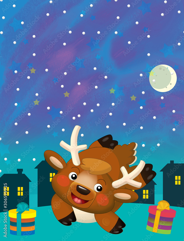 Fototapeta premium Christmas happy scene with santa claus deer or reindeer - illustration for children
