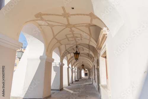 Old renaissance or mannerist arcades of tenement house in Zamosc Poland   example of Lublin renaissance  renesans lubelski  ceiling covered with stucco mannerist ornaments