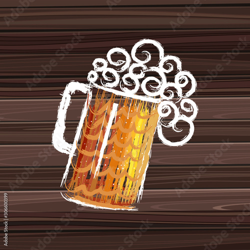 Beer fest banner. Poster with mug of beer, and dark wood on background. Vector illustration.  Bavarian beer festival