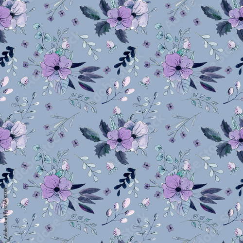Watercolor seamless pattern with dusty blue meadowflowers. Ideal for textile, gift wrapping paper, apparel, home decor photo