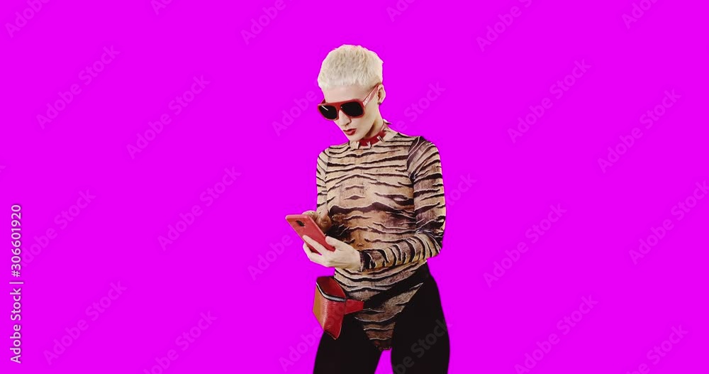 Minimal motion gif design. Fashion Model clubbing style with smartphone Minimal motion gif design. Fashion Model clubbing style with smartphone