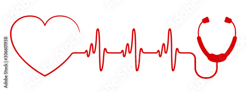 Red heart with stethoscope, pulse one line, cardiogram sign, heartbeat - stock vector