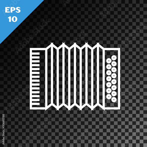 White line Musical instrument accordion icon isolated on transparent dark background. Classical bayan, harmonic.  Vector Illustration