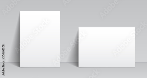 Two white blank sheet of paper leaning at the wall template, A4 paper page, mockup, sheet on wall – stock vector